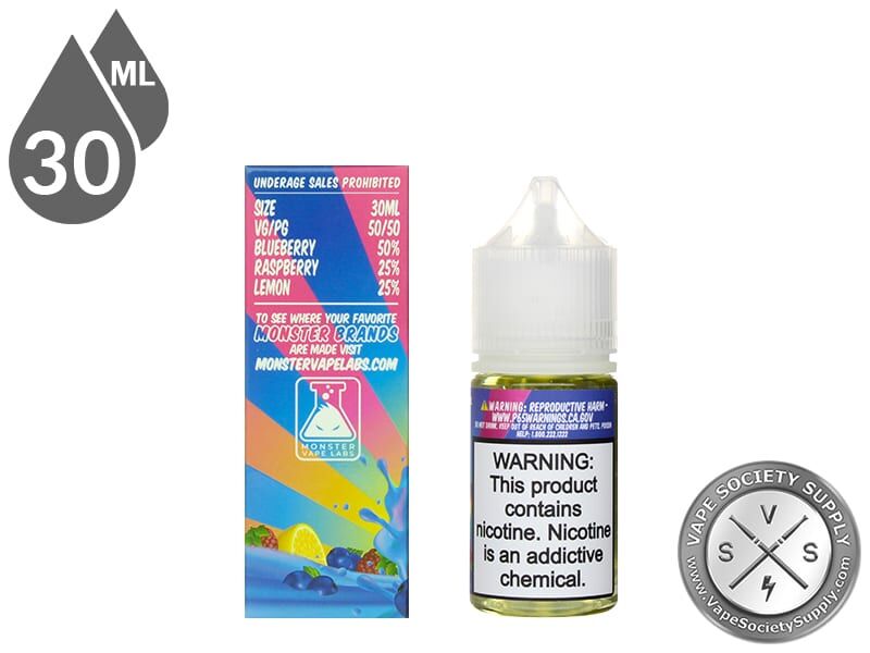 Blueberry Raspberry Lemon Fruit Monster Salt 30ml box Vape Facts panel with size, VG/PG and flavor mix, next to the bottle