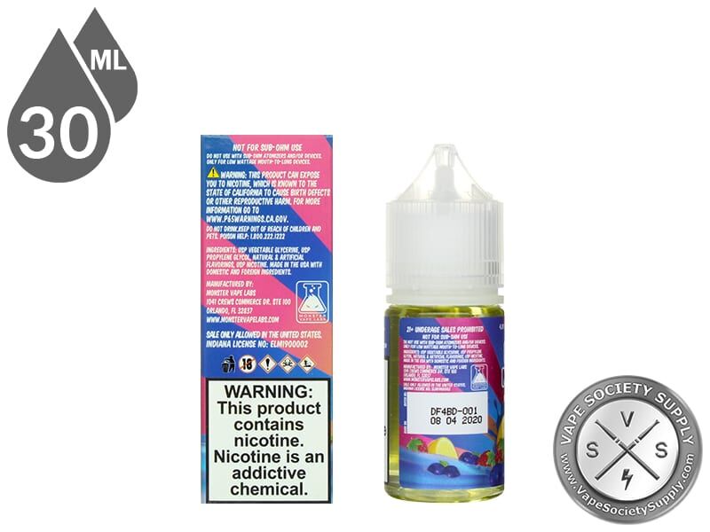 Blueberry Raspberry Lemon Fruit Monster Salt 30ml bottle next to the box back with nicotine warning