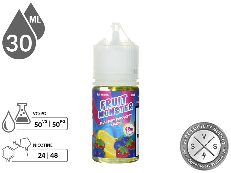 Blueberry Raspberry Lemon Fruit Monster Salt 30ml bottle with 50VG/50PG and 24mg and 48mg nicotine icons