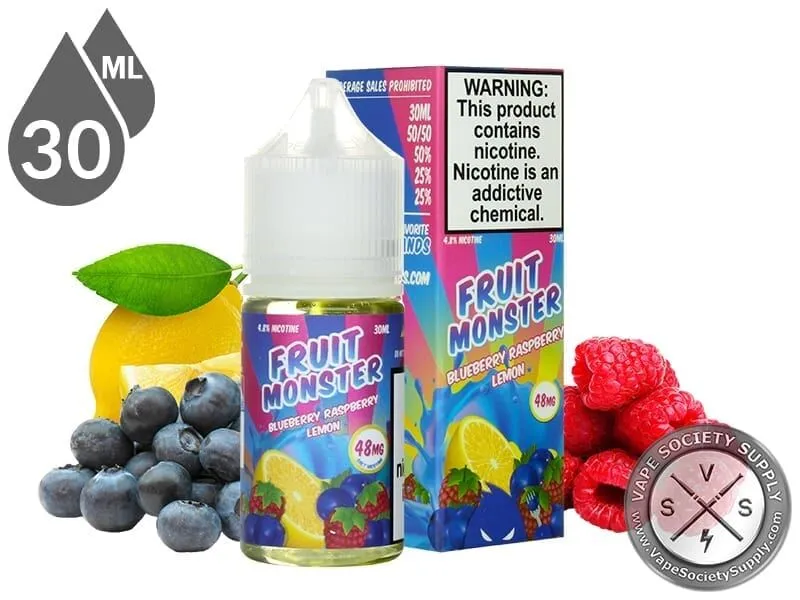 Blueberry Raspberry Lemon Fruit Monster Salt 30ml bottle and box with a lemon, blueberries and raspberries