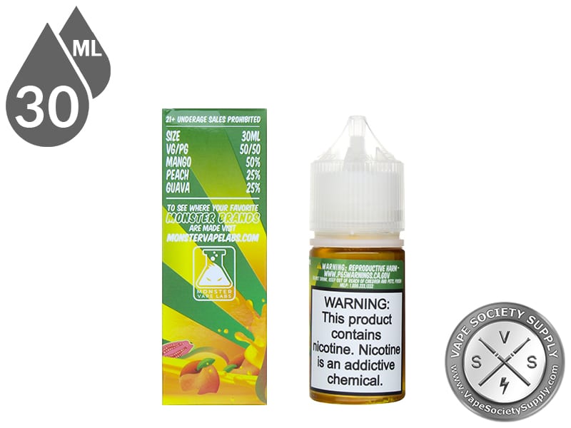 Mango Peach Guava Fruit Monster Salt 30ml box Vape Facts panel with size, VG/PG and flavor mix, next to the bottle