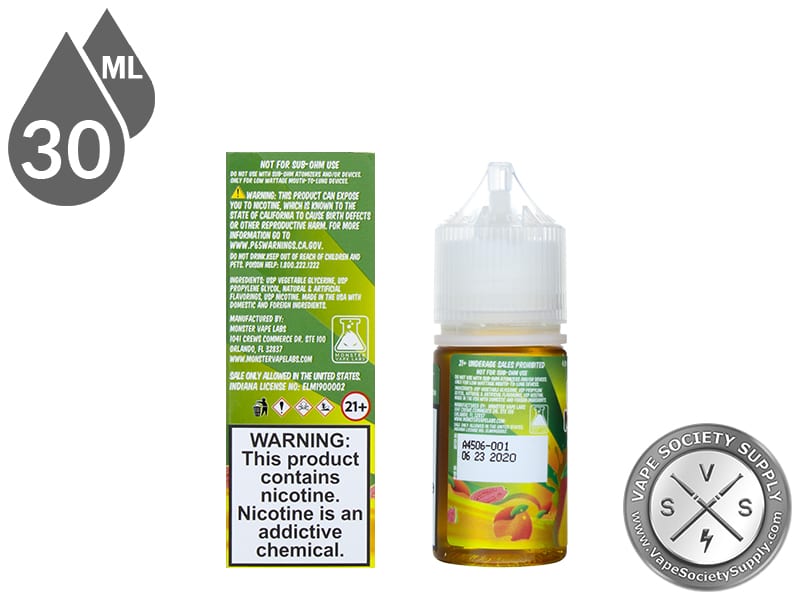 Mango Peach Guava Fruit Monster Salt 30ml bottle next to the box back with nicotine warning