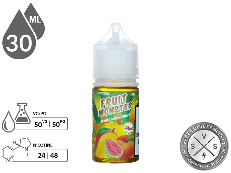 Mango Peach Guava Fruit Monster Salt 30ml bottle with 50VG/50PG and 24mg and 48mg nicotine icons