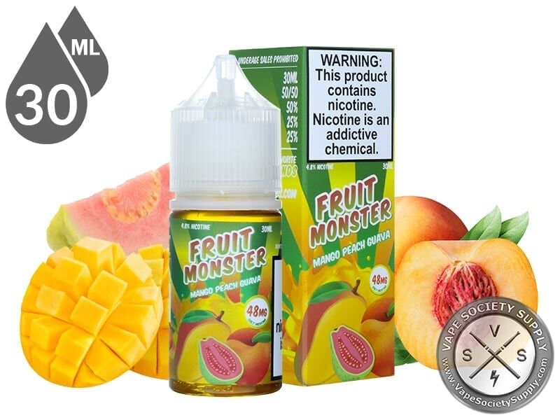 Mango Peach Guava Fruit Monster Salt 30ml bottle and box with guava, mango and peaches