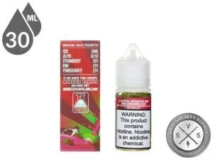 Strawberry Kiwi Pomegranate Fruit Monster Salt 30ml box Vape Facts panel with size, VG/PG and flavor mix, next to the bottle