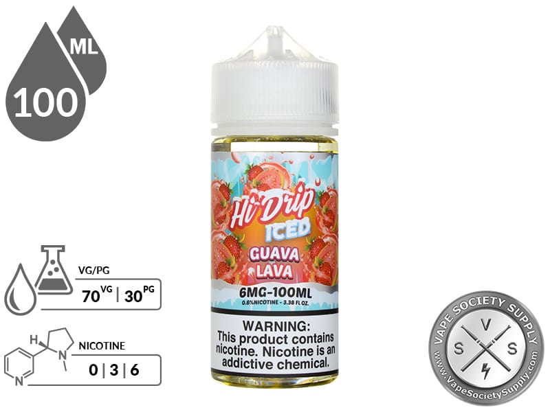 Guava Lava Iced by Hi Drip 100ml bottle with a 70/30 VG/PG icon and nicotine strength icons