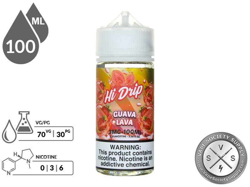 Guava Lava by Hi Drip 100ml bottle with a 70/30 VG/PG icon and nicotine strength icons
