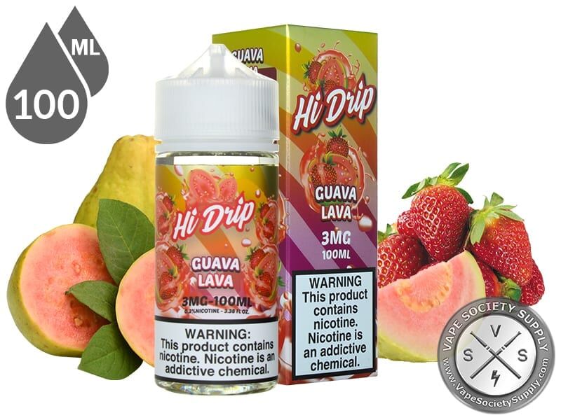Guava Lava by Hi Drip 100ml bottle and box with guavas and strawberries