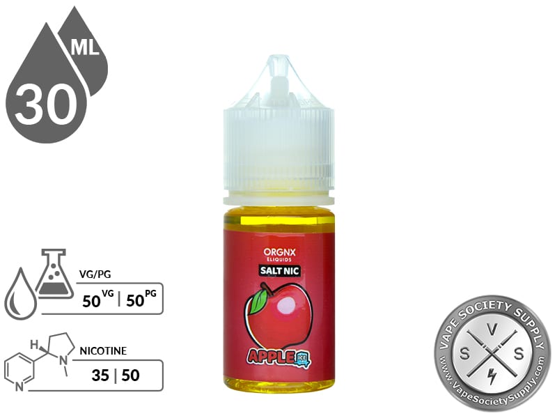 Apple Ice by ORGNX Salt Nic 30ml bottle with a 50/50 VG/PG icon and nicotine strength icons