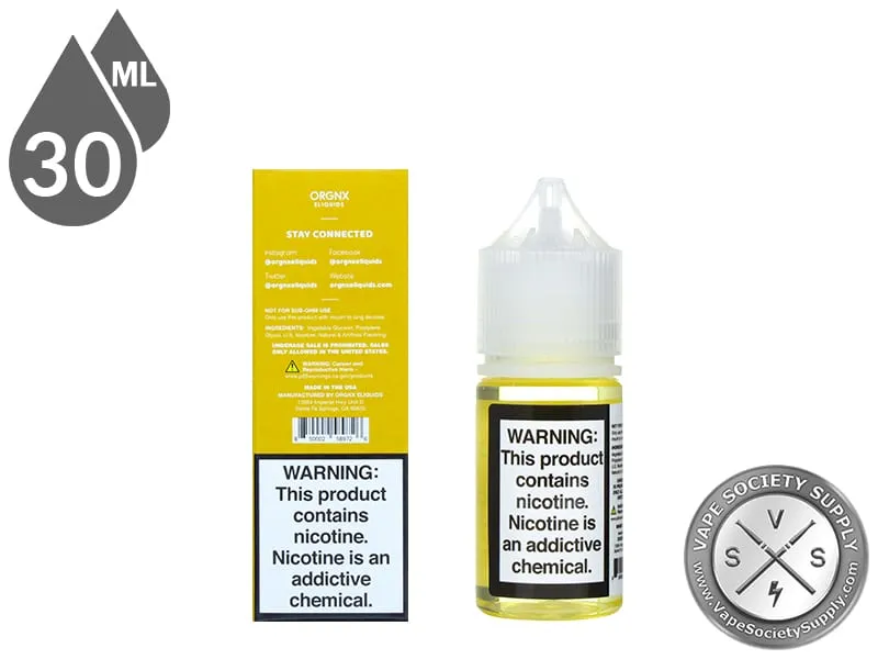 Banana Ice by ORGNX Salt Nic 30ml box and bottle, back labels