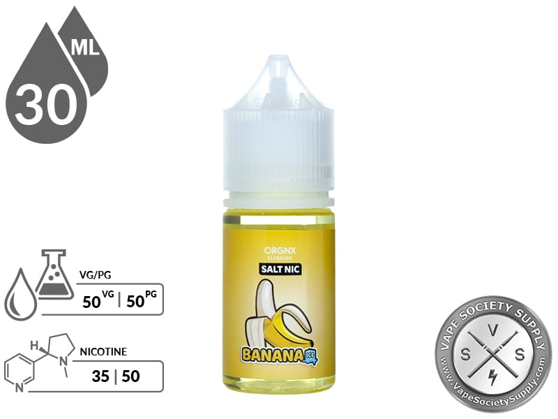 Banana Ice by ORGNX Salt Nic 30ml bottle with a 50/50 VG/PG icon and nicotine strength icons