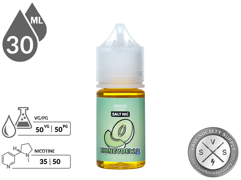 Honeydew Ice by ORGNX Salt Nic 30ml bottle with a 50/50 VG/PG icon and nicotine strength icons