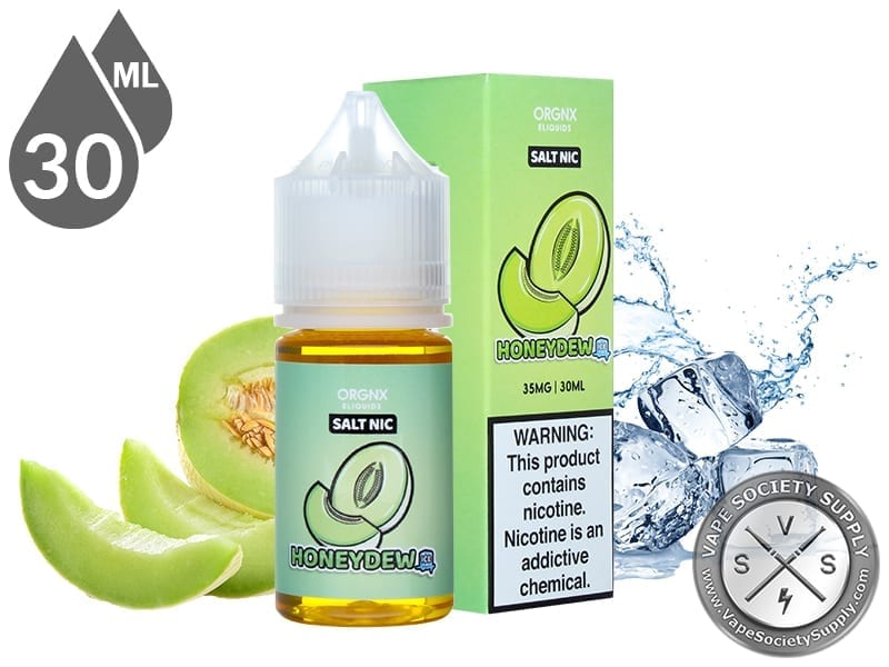 Honeydew Ice by ORGNX Salt Nic 30ml bottle and box with honeydew melon slices and ice