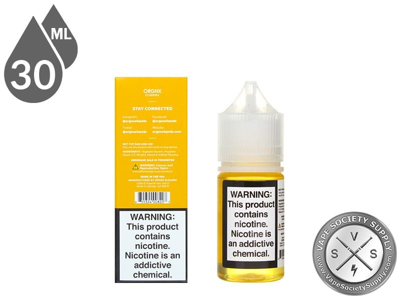 Orange Ice by ORGNX Salt Nic 30ml box and bottle, back labels