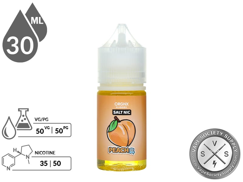 Peach Ice by ORGNX Salt Nic 30ml bottle with a 50/50 VG/PG icon and nicotine strength icons