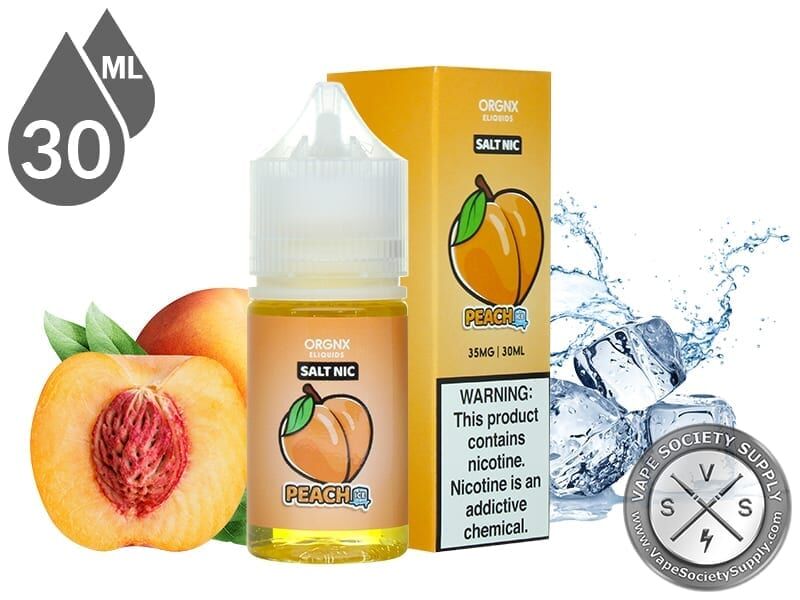 Peach Ice by ORGNX Salt Nic 30ml bottle and box with peaches and ice