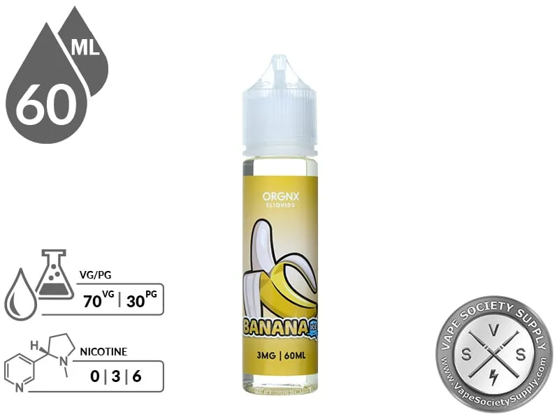 Banana Ice by ORGNX 60ml bottle with a 70/30 VG/PG icon and nicotine strength icons