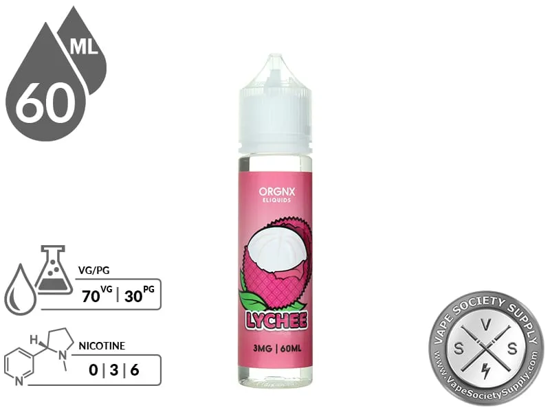 Lychee by ORGNX 60ml bottle with a 70/30 VG/PG icon and nicotine strength icons