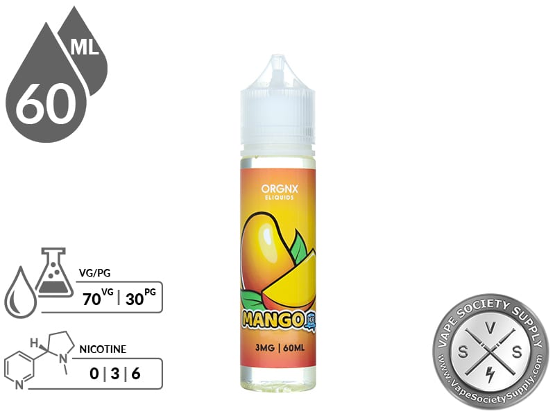 Mango Ice by ORGNX 60ml bottle with a 70/30 VG/PG icon and nicotine strength icons