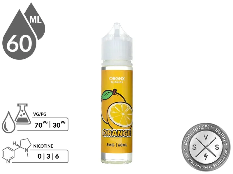 Orange by ORGNX 60ml bottle with a 70/30 VG/PG icon and nicotine strength icons