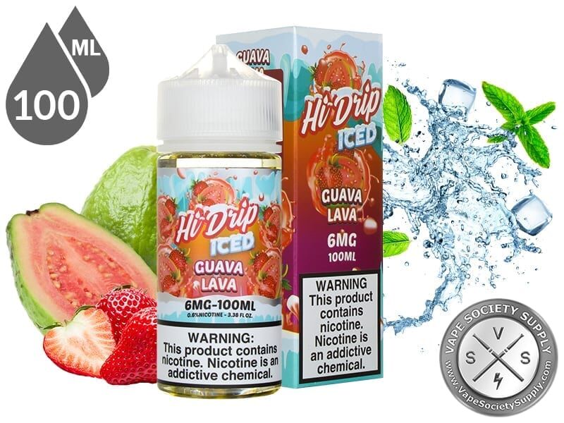 Guava Lava Iced by Hi Drip 100ml bottle and box with guavas, strawberries, ice and mint leaves