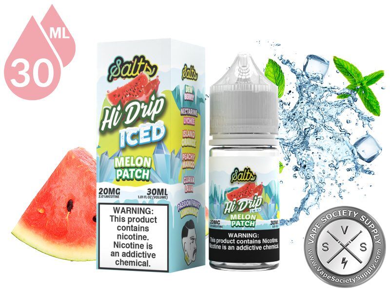 Melon Patch Iced by Hi Drip Salts 30ml bottle and box with watermelon slices, ice and mint leaves