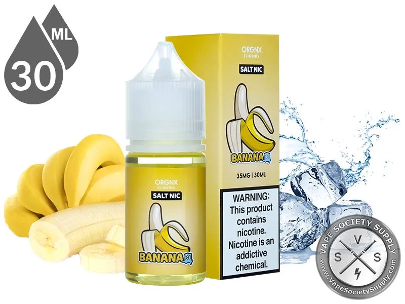 Banana Ice by ORGNX Salt Nic 30ml bottle and box with bananas and ice