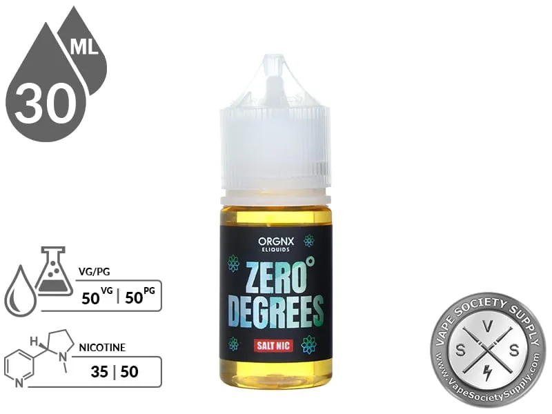 Zero Degrees by ORGNX Salt Nic 30ml bottle with a 50/50 VG/PG icon and nicotine strength icons