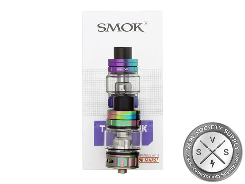 SMOK TFV9 sub ohm tank in 7-Color in front of its box