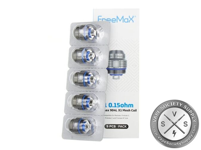 Blister pack of five FreeMax 904L X1 coils with the X1 0.15Ω box