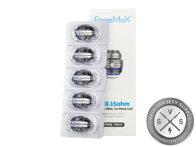 Blister pack of five FreeMax 904L X4 coils with the X4 0.15Ω box