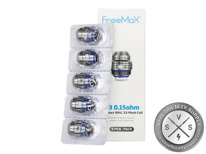 Blister pack of five FreeMax 904L X3 coils with the X3 0.15Ω box