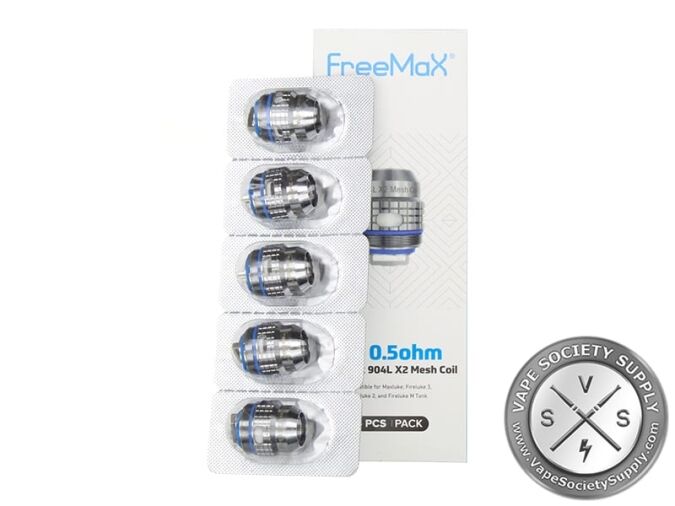 Blister pack of five FreeMax 904L X2 coils with the X2 0.5Ω box