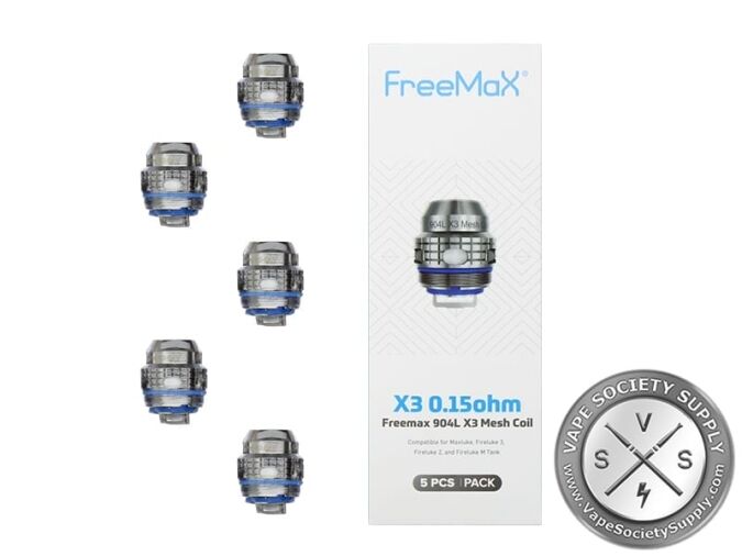 Five FreeMax 904L X3 coils with the X3 0.15Ω box