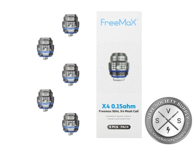 Five FreeMax 904L X4 coils with the X4 0.15Ω box