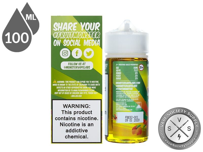 Mango Peach Guava Fruit Monster 100ml box side with social media links, next to the bottle