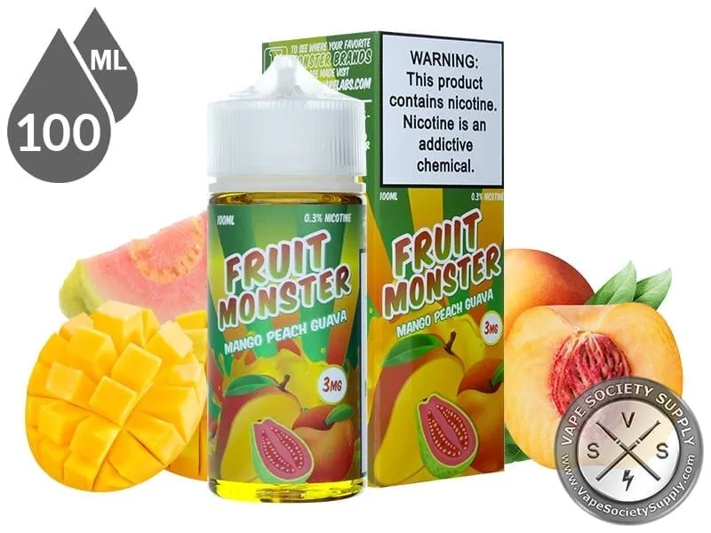 Mango Peach Guava Fruit Monster 100ml bottle and box with guava, mango and peaches