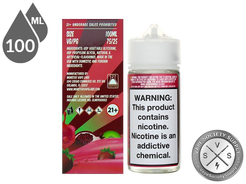 Strawberry Kiwi Pomegranate Fruit Monster 100ml box Vape Facts panel with size, VG/PG and flavor mix, next to the bottle