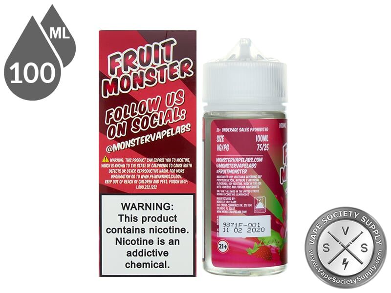 Strawberry Kiwi Pomegranate Fruit Monster 100ml box side with social media links, next to the bottle
