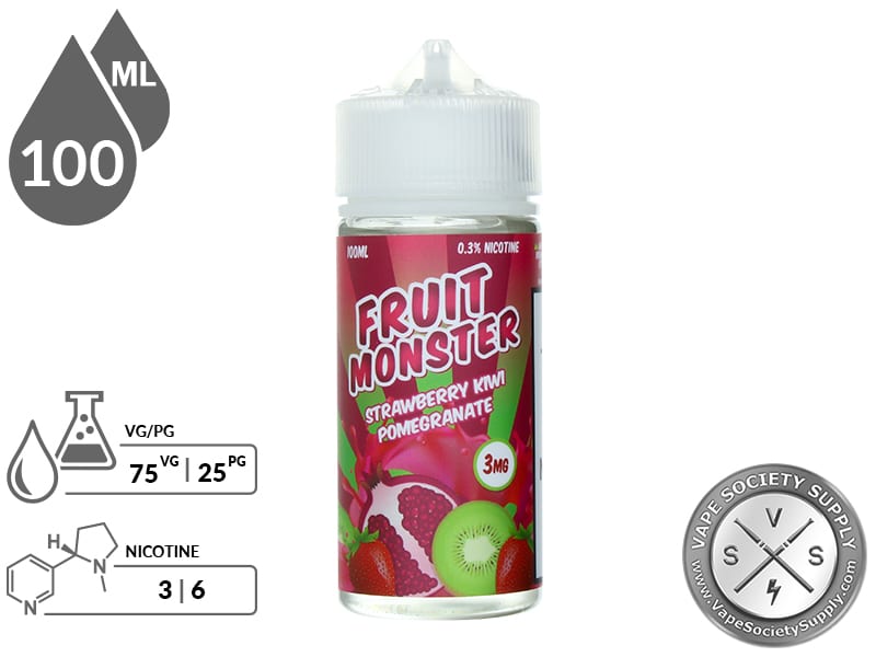 Strawberry Kiwi Pomegranate Fruit Monster 100ml bottle with 75VG/25PG and 3mg and 6mg nicotine icons
