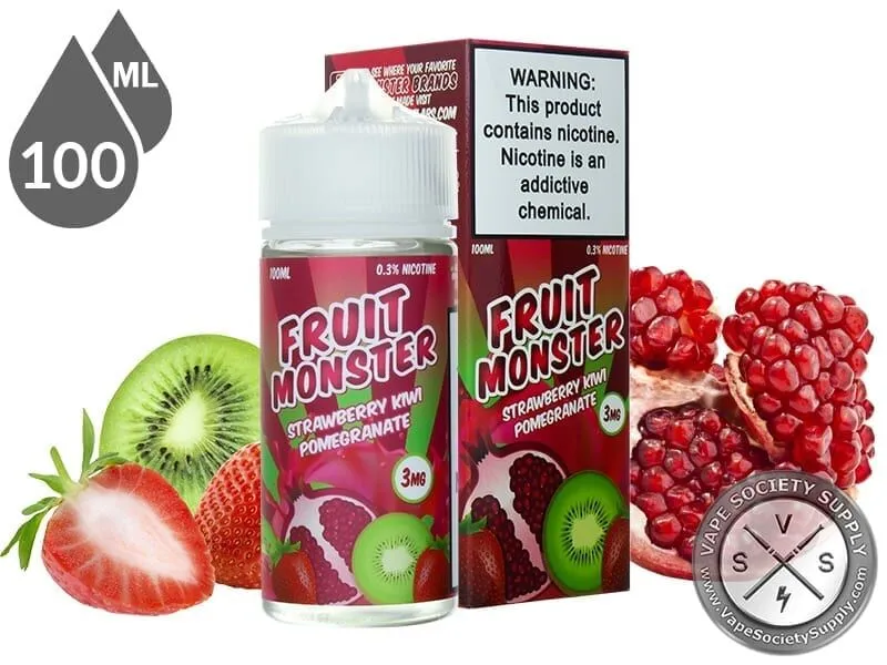 Strawberry Kiwi Pomegranate Fruit Monster 100ml bottle and box with kiwi, a strawberry and pomegranate