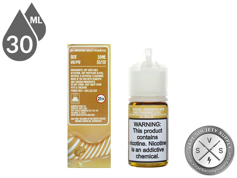 Butterscotch Custard Monster Salt 30ml box Vape Facts panel with size, VG/PG and flavor mix, next to the bottle