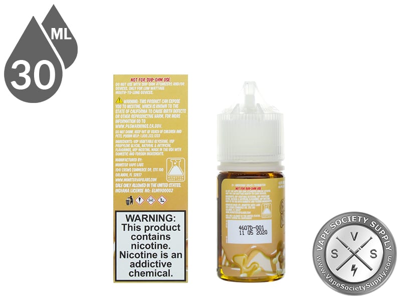 Butterscotch Custard Monster Salt 30ml bottle next to the box back with nicotine warning