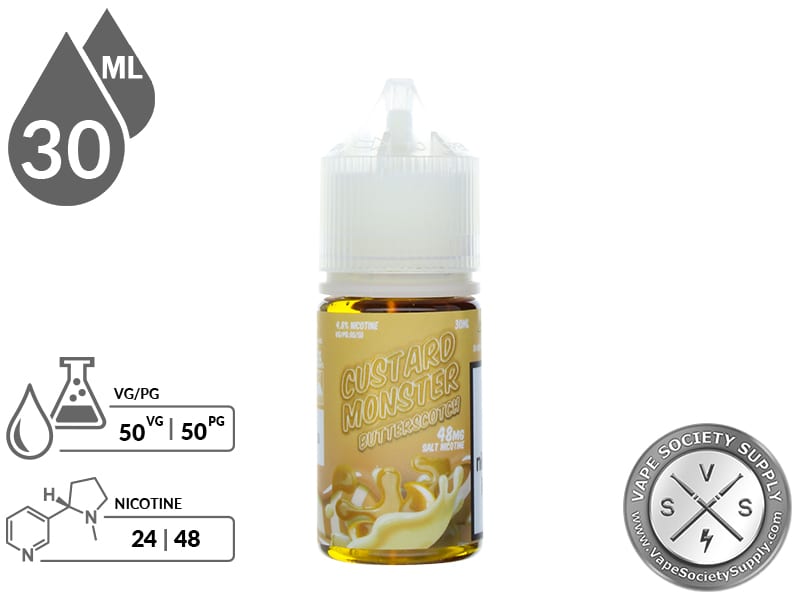 Butterscotch Custard Monster Salt 30ml bottle with 50VG/50PG and 24mg and 48mg nicotine icons