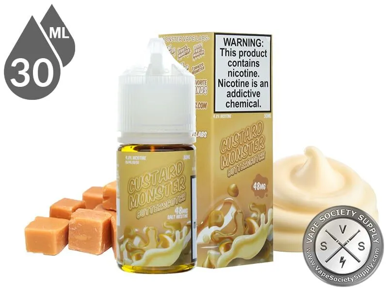 Butterscotch Custard Monster Salt 30ml bottle and box with butterscotch candies and a swirl of custard