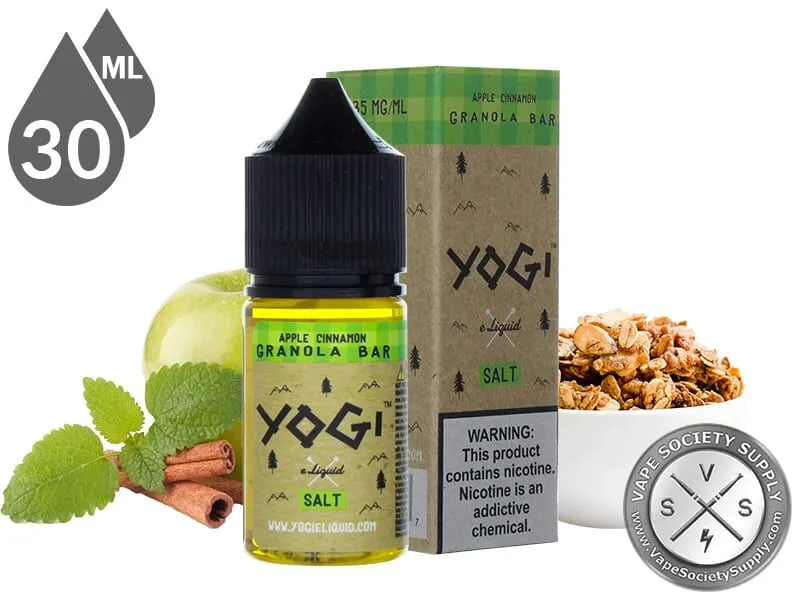 Apple Cinnamon Granola Bar by YOGI Salt 30ml bottle and box with a green apple, cinnamon sticks, mint leaves and a bowl of granola