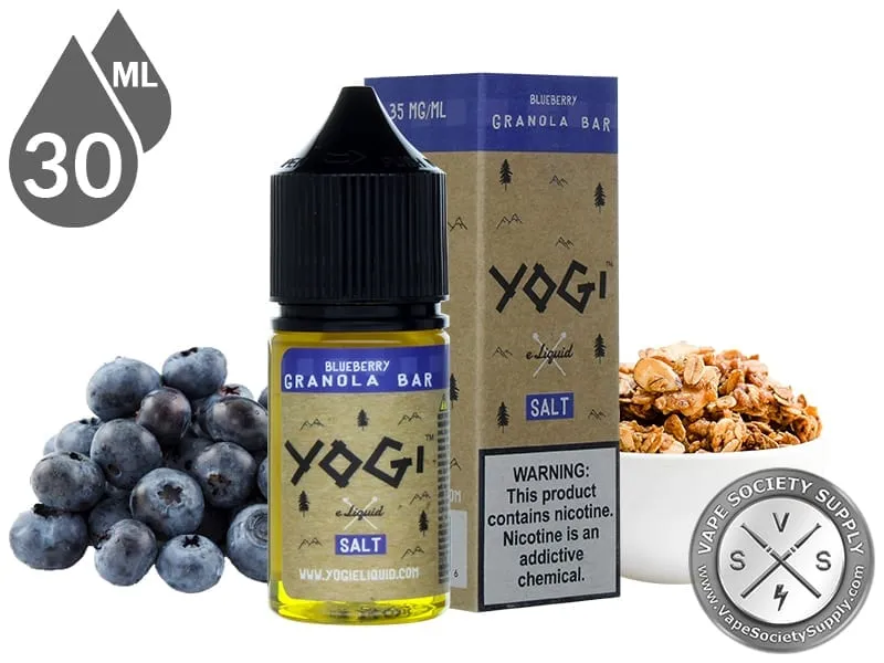 Blueberry Granola Bar by YOGI Salt 30ml bottle and box with blueberries and a bowl of granola
