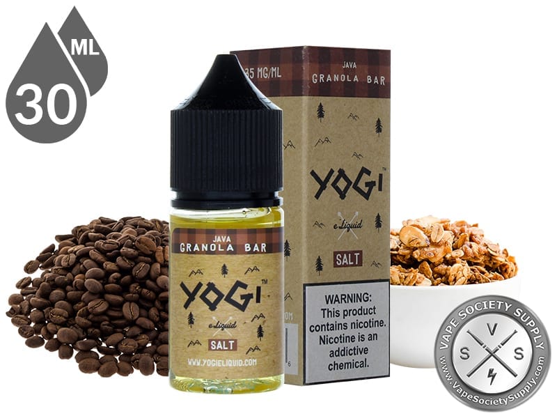 Java Granola Bar by YOGI Salt 30ml bottle and box with coffee beans and a bowl of granola