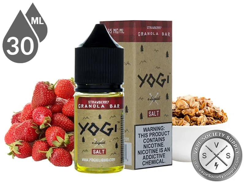 Strawberry Granola Bar by YOGI Salt 30ml bottle and box with fresh strawberries and a bowl of granola