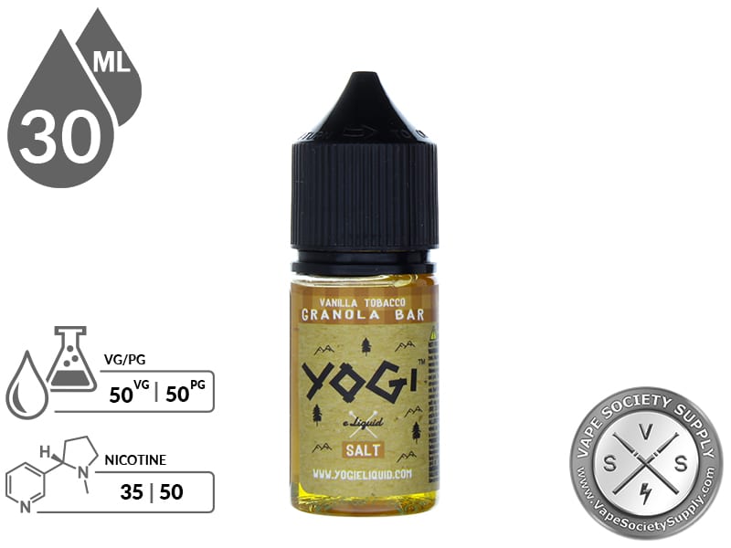 Vanilla Tobacco Granola Bar by YOGI Salt 30ml bottle with a 50/50 VG/PG icon and nicotine strength icons